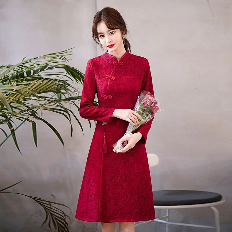 2022 Chinese Traditional Qipao Dress Women Clothing New Style Stand Collar Vintage Long Sleeve Cheongsam