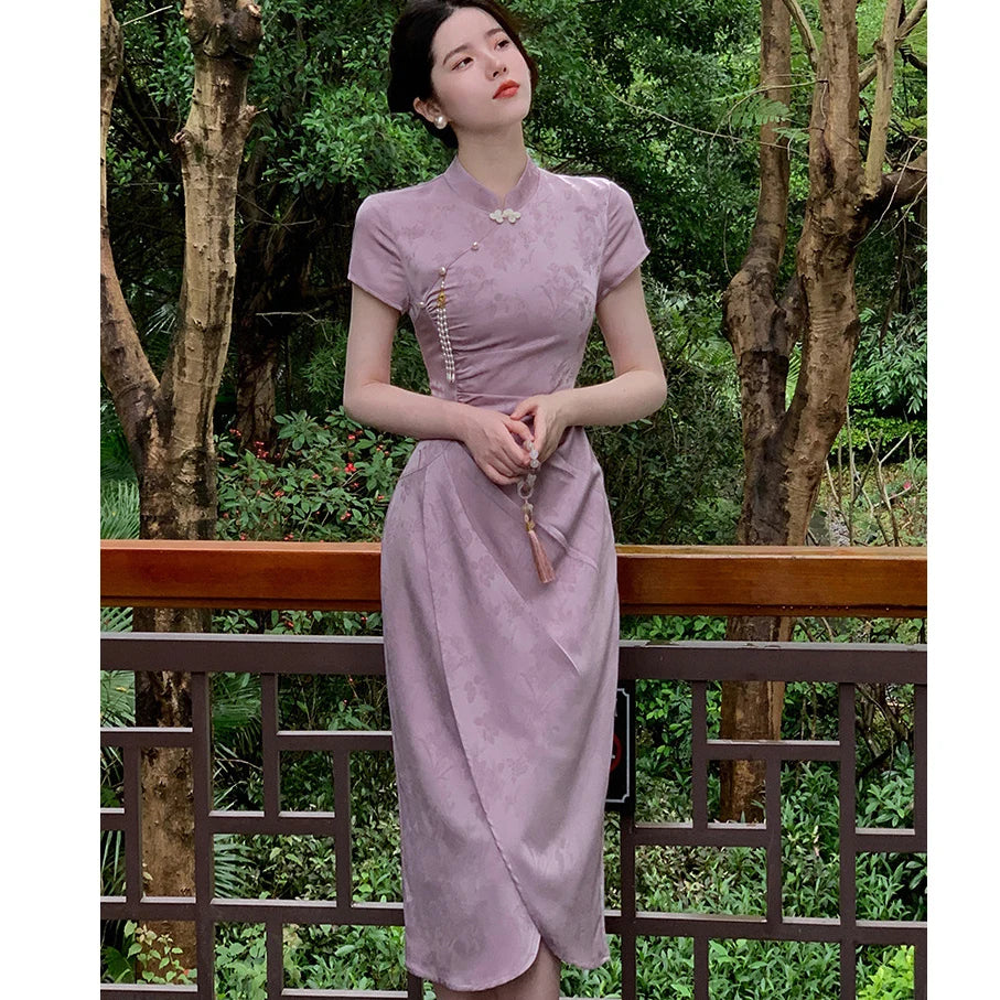 New Chinese Style Dress Sexy Purple Jacquard Qipao Women Elegant Qipao Improved Cheongsam Long Dress Wedding Gown Costumes