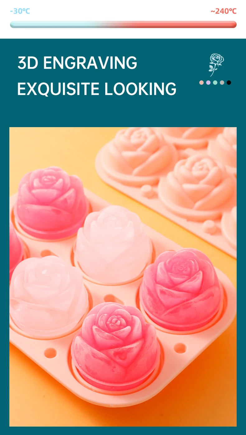 Ice Cube Maker 3D Rose Ice Molds 2.5 Inch, Large Cube Trays, Make 4/6 Giant Cute Flower Shape ,  Ice Pop Mold Silicone