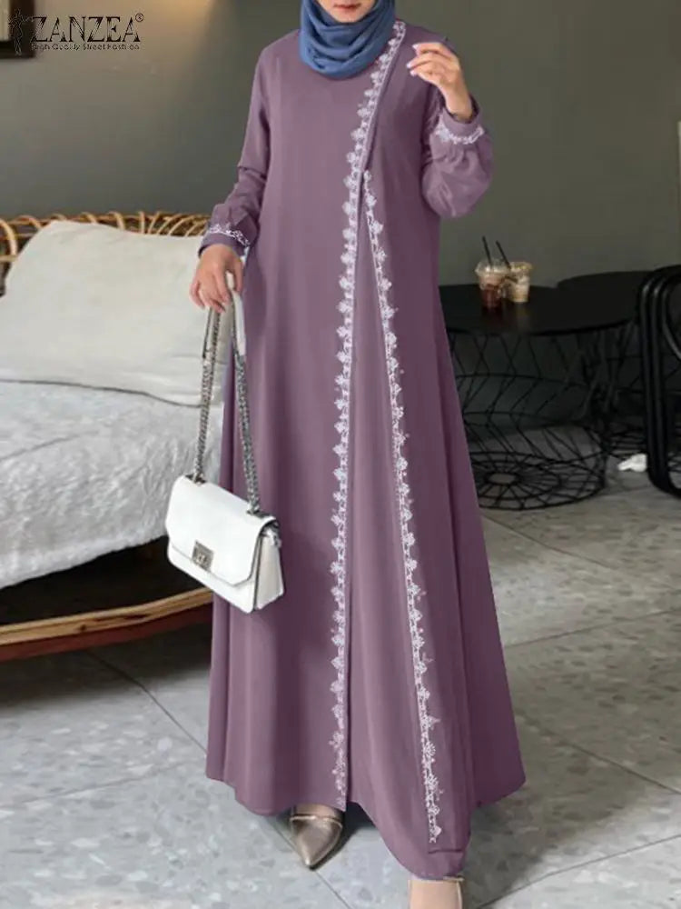 Muslim Fashion Dress Abaya ZANZEA Women Stylish Long Sleeve Lace Crochet Maxi Sundress Vestidos Robe Femme Islamic Clothing 2024