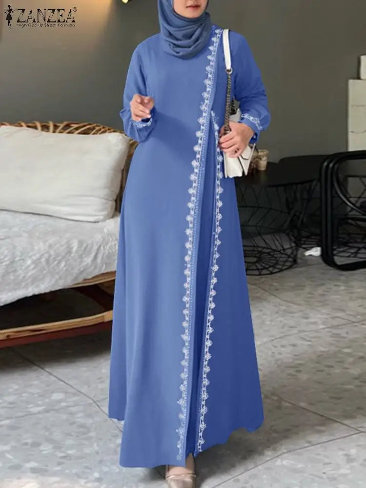 Muslim Fashion Dress Abaya ZANZEA Women Stylish Long Sleeve Lace Crochet Maxi Sundress Vestidos Robe Femme Islamic Clothing 2024