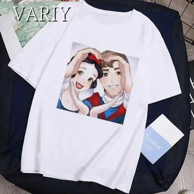 Frog Princess and Prince Lovers Print Tshirts Tiana Ariel Couple Series T-Shirt Women Summer Casual Short Sleeve Clothes Y2K Top