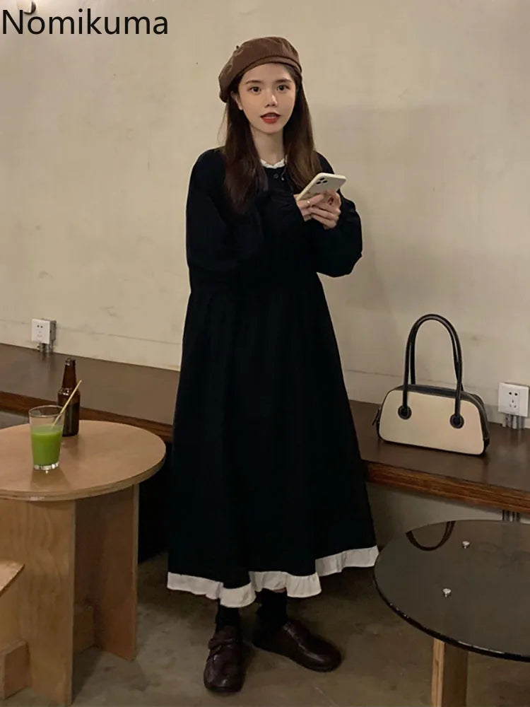 Nomikuma Autumn New Korean Style Dress Women Ruffles Patchwork O Neck Long Sleeve Dresses Slim Waist Elegant Vestidos Mujer