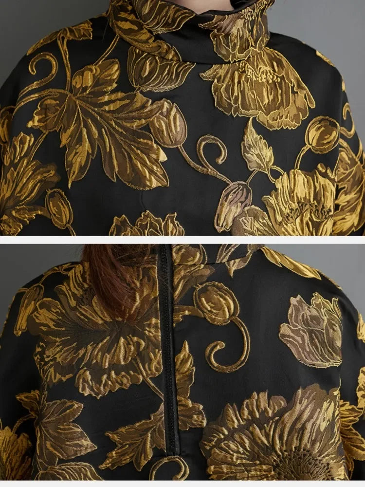 Oversized Autumn Winter Midi Dress Women Patchwork Fashion Chinese Style Flower Ladies Dresses Pleated Loose Woman Dress 2024