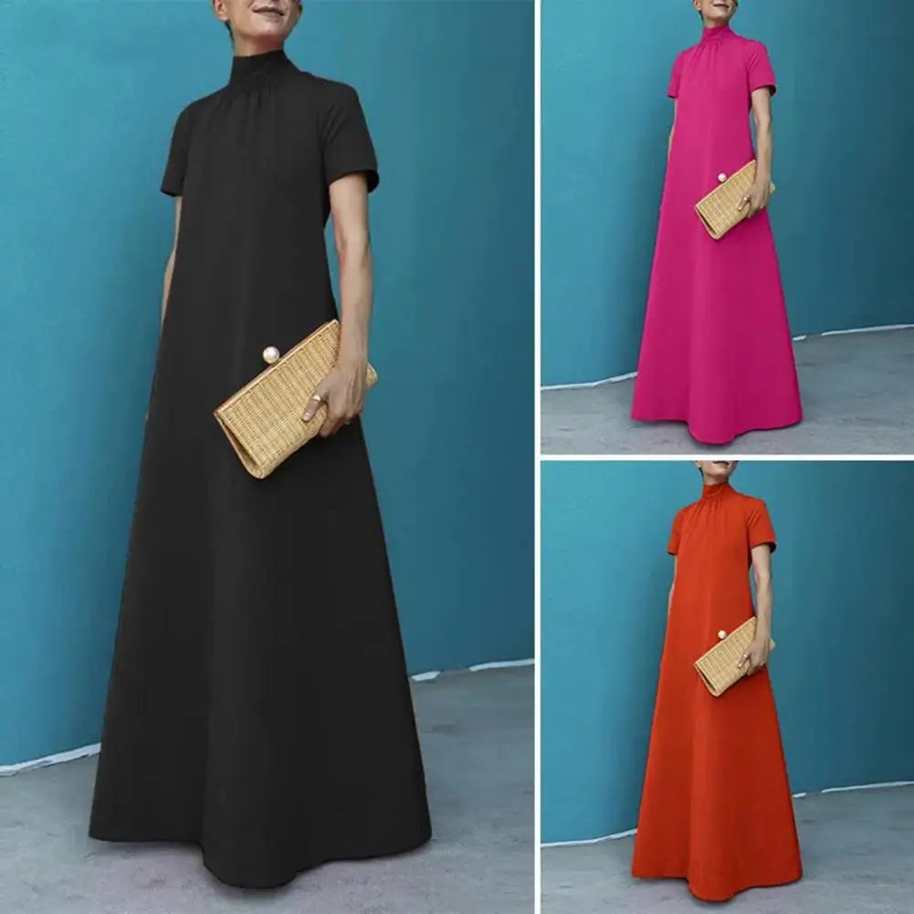 Women Dress Retro Chinese Style Maxi Dress For Women Elegant A-line Evening Dress With Stand Collar Short Sleeves For Life