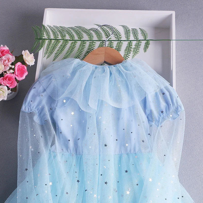 Disney Elsa Princess Dress with Cape Girls Dress Summer Kids Short Sleeve for Children's Western Style Frozen Party Costume 2-8Y