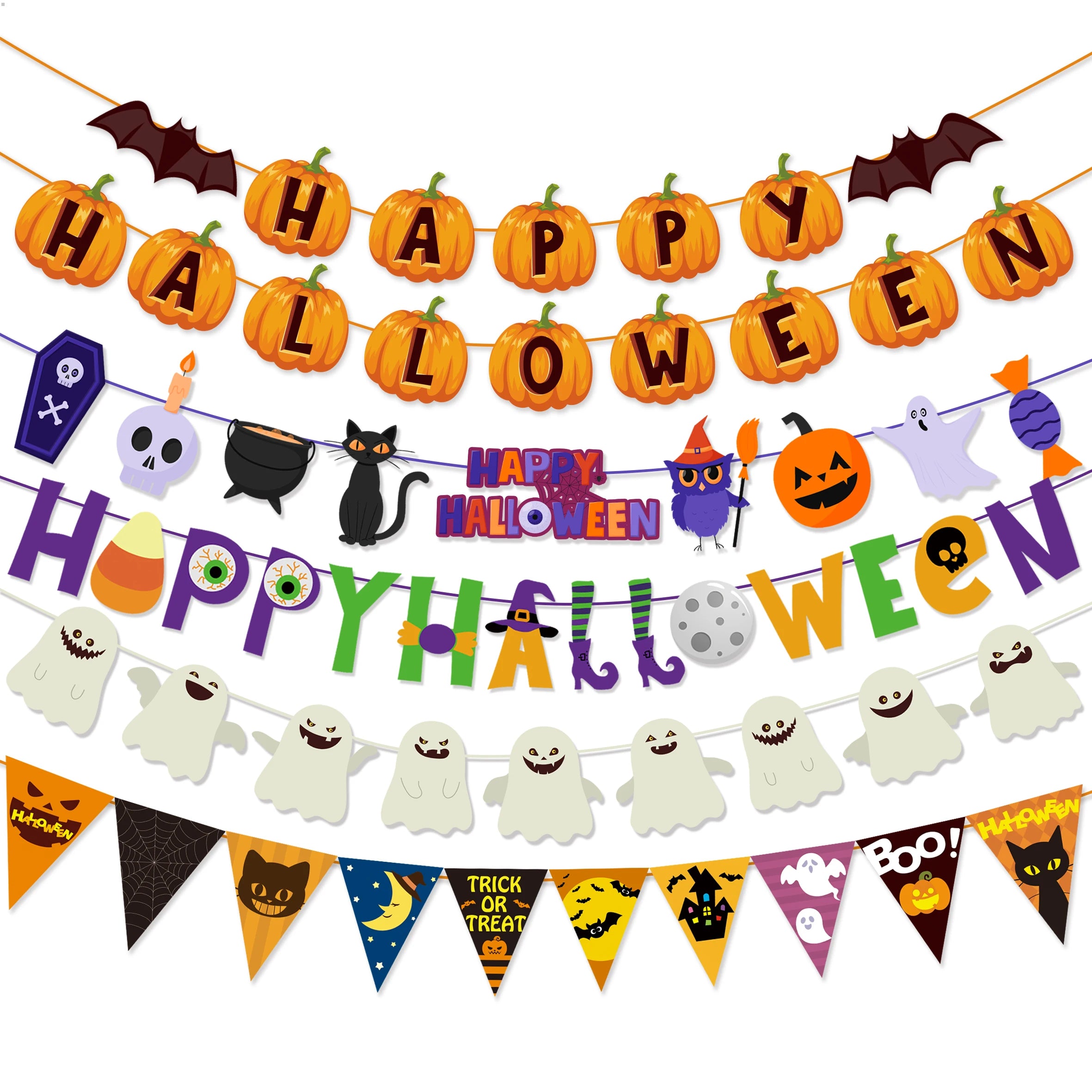 2024 Happy Halloween Banner Horror Pumpkin Witch Spider Skull Garland Flags For Halloween Home Haunted House hanging ornaments