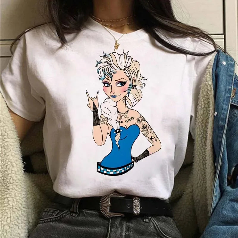 Punk Princess Printed Pattern Tee Mermaid Ariel Kawaii Girls T-Shirt Streetwear Womens Tops Cute Harajuku T-Shirt