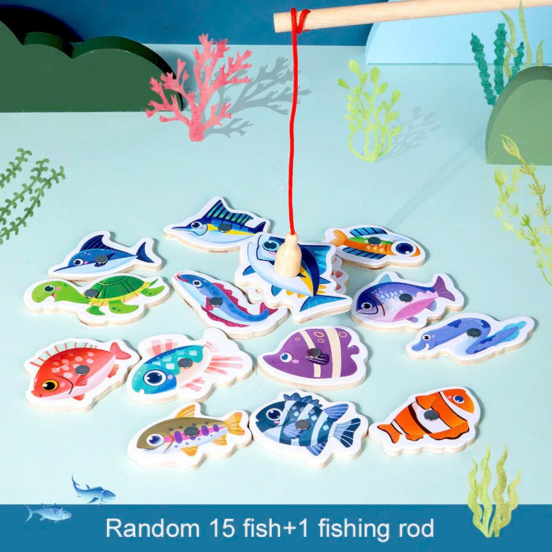 Montessori Wooden Magnetic Fishing Toys For Kids Cartoon Marine Life Cognition Fish Games Education Parent-Child Interactive Toy