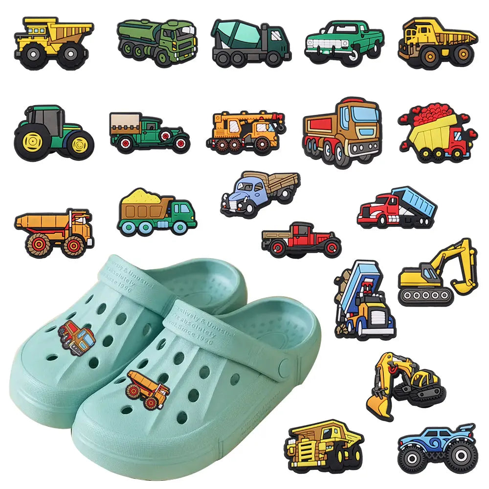 1-20PCS Cute Cartoon Vehicle Transportation Car Tractor PVC Shoe Charms Buckle Clog Garden Shoes Button Decorations Kid Boy Gift