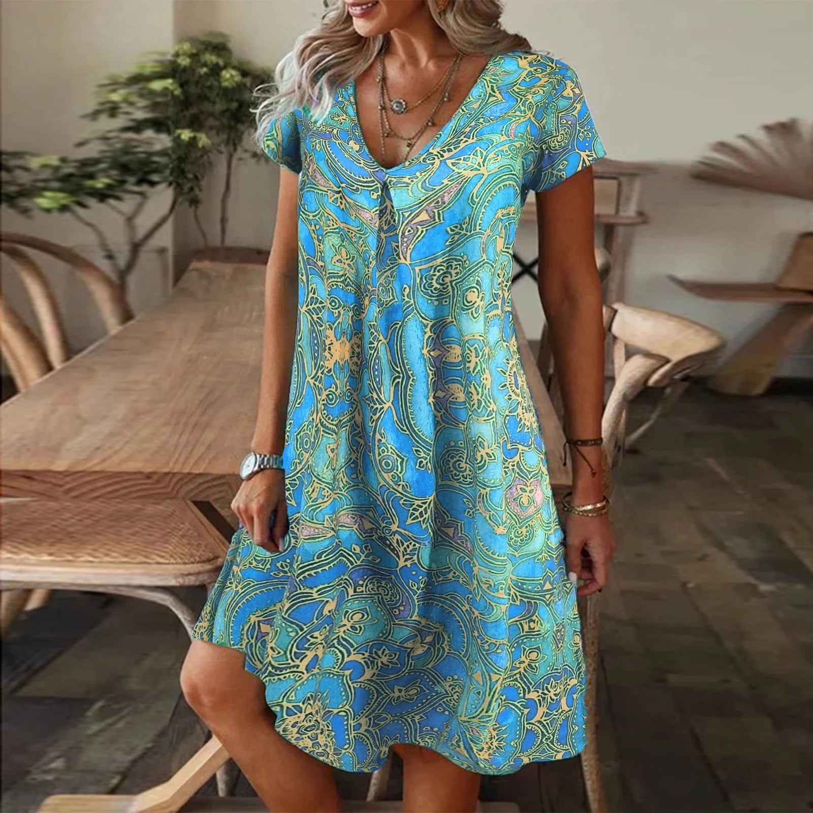 Summer Women's Casual V-neck Loose Print Short Sleeve Dress