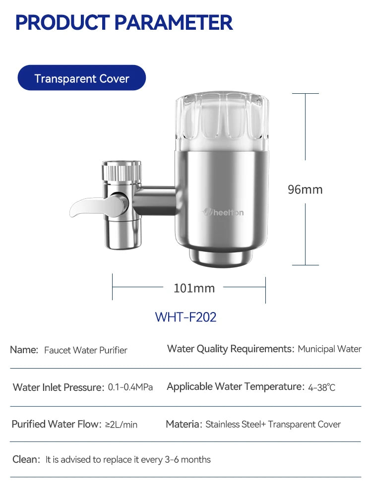 Wheelton Stainless Steel Kitchen Tap Filter Water Purifier Faucet Composite Activated Carbon Household Drinking Filtration Home