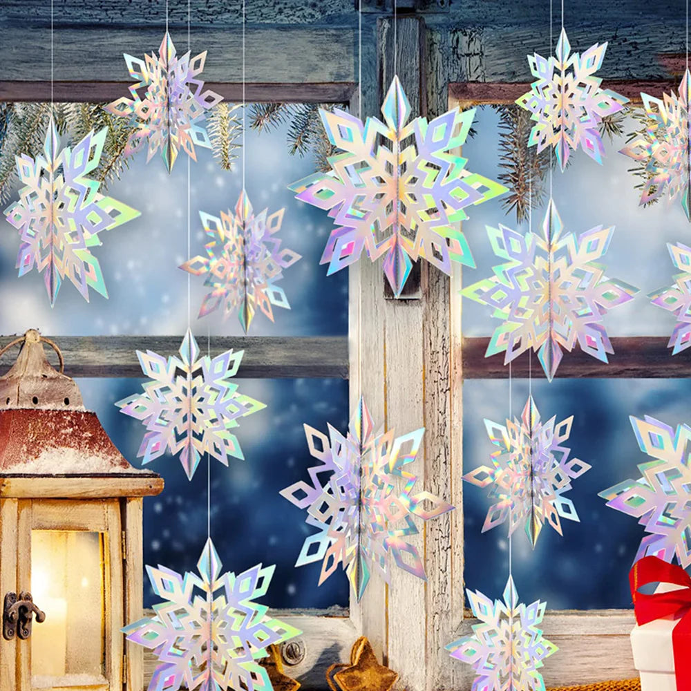 6Pcs Christmas 3D Hanging Snowflakes Iridescent Paper Rainbow Snow Flakes Winter Frozen Birthday Party Decorations