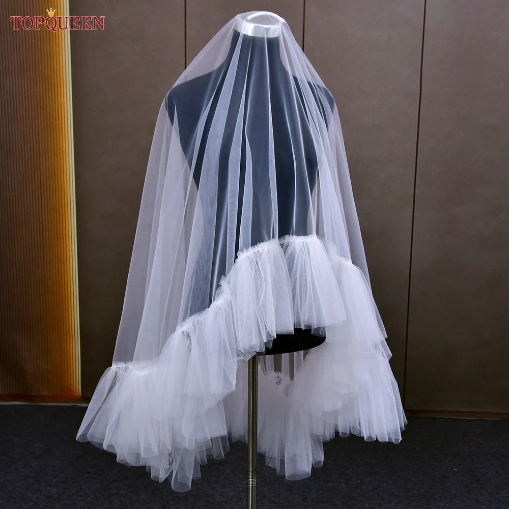 TOPQUEEN Short Romantic Wedding Veil 2 layers Bridal Veils Cover Face Tactical Halloween Integrated Bonnet Veil Fingertip V183