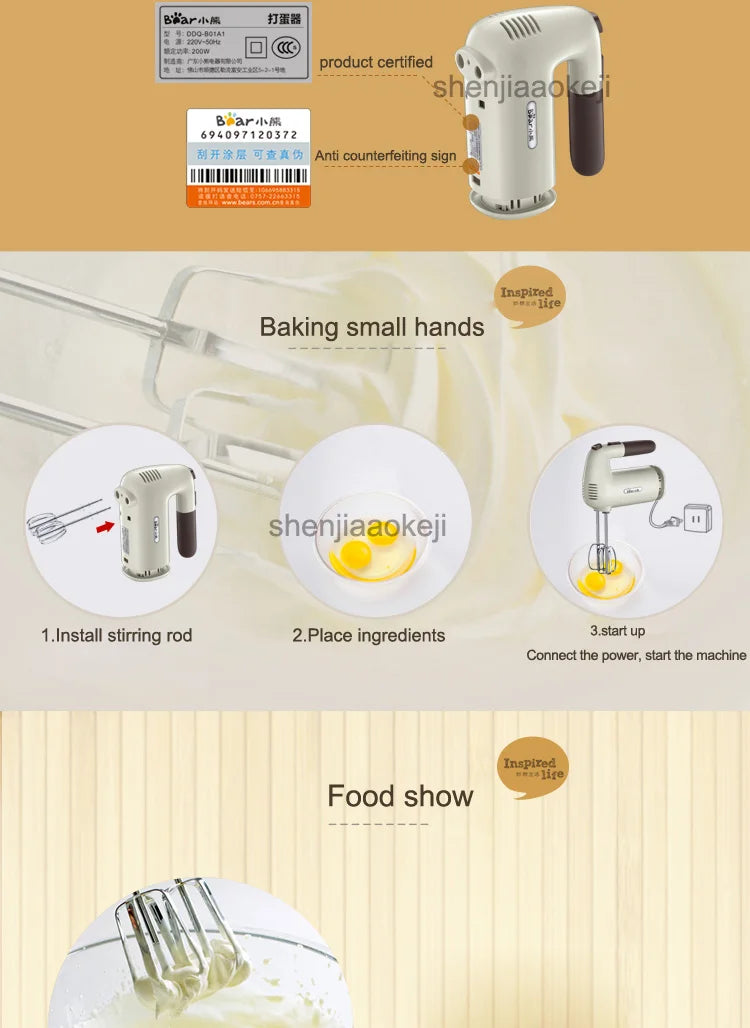 DDQ-B01A1 Electric Mixer Hand-held egg Whisk and Flour mixing Machine Mixer Cream Whipper Egg Beater 220v 200w1pc