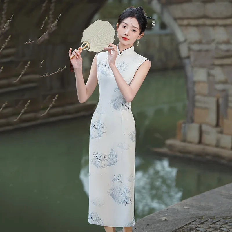 Sexy Qipao Print Flower Cheongsam New Chinese Style Dresses Women Improved Halter Cheongsams Sleeveless Satin Vestidos