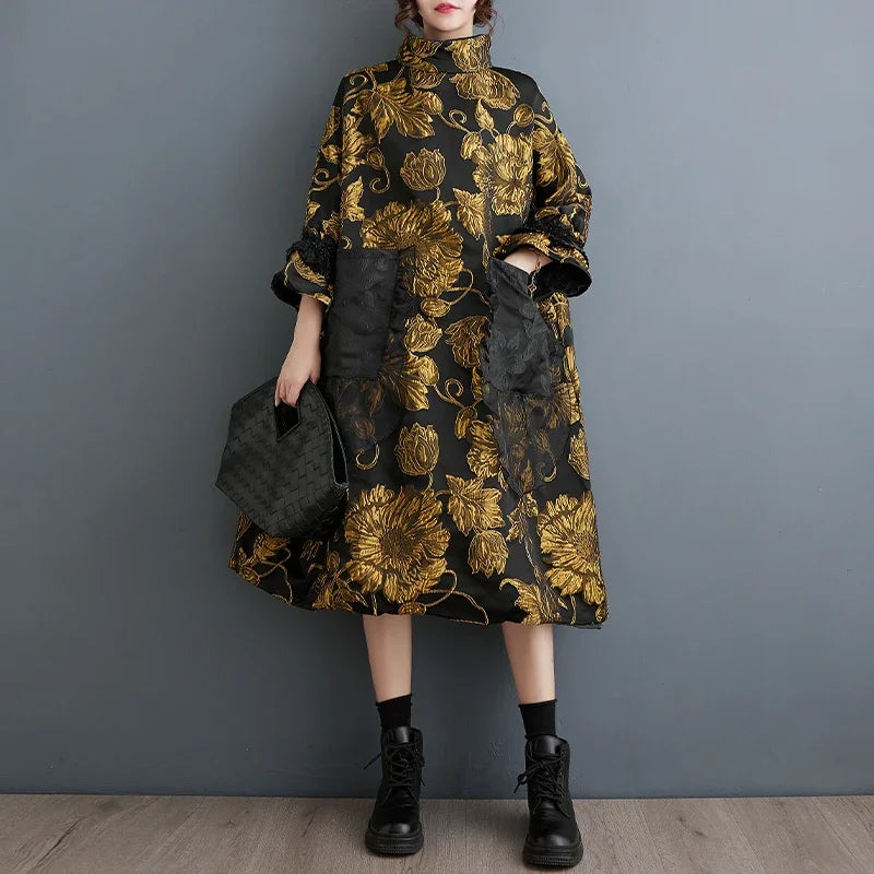 Oversized Autumn Winter Midi Dress Women Patchwork Fashion Chinese Style Flower Ladies Dresses Pleated Loose Woman Dress 2024