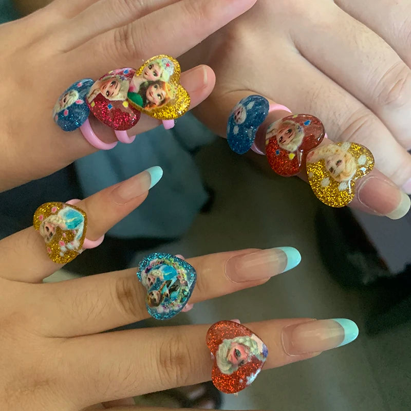 12pcs Disney Frozen Elsa Anna Princess Ring Acrylic Minnie Mouse Unicorn Kids Party Decor Girls Gifts Birthday Party Supplies