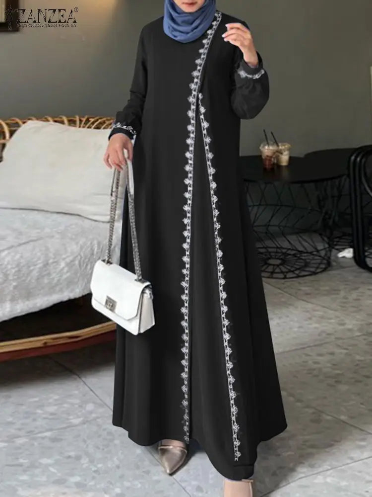 Muslim Fashion Dress Abaya ZANZEA Women Stylish Long Sleeve Lace Crochet Maxi Sundress Vestidos Robe Femme Islamic Clothing 2024