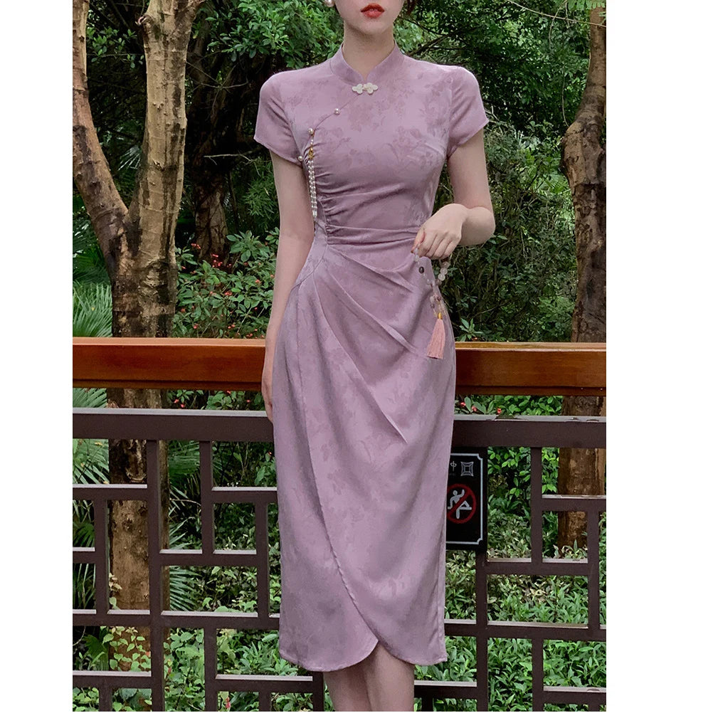 New Chinese Style Dress Sexy Purple Jacquard Qipao Women Elegant Qipao Improved Cheongsam Long Dress Wedding Gown Costumes