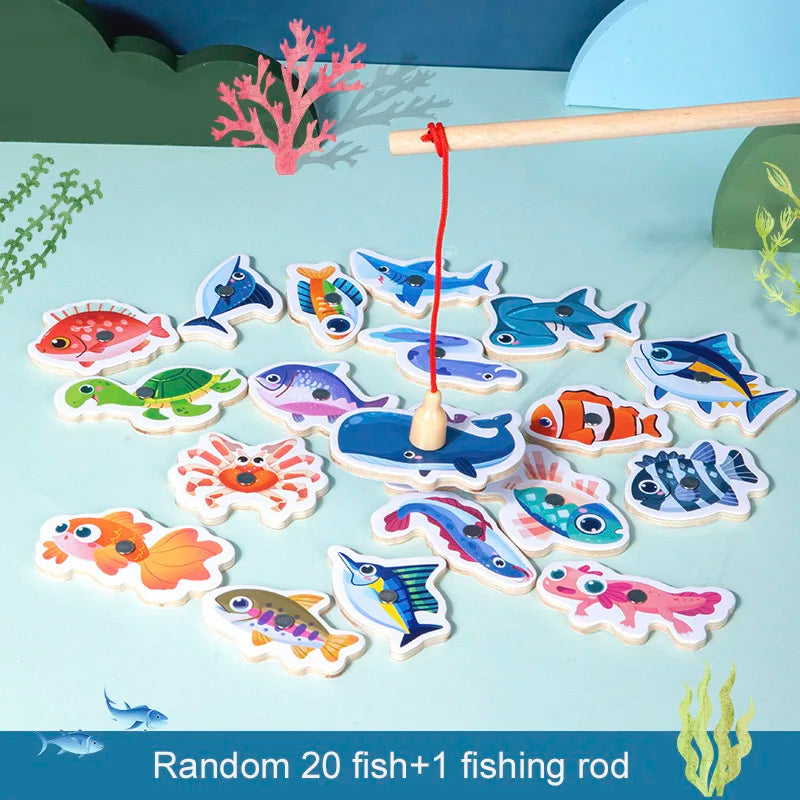 Montessori Wooden Magnetic Fishing Toys For Kids Cartoon Marine Life Cognition Fish Games Education Parent-Child Interactive Toy