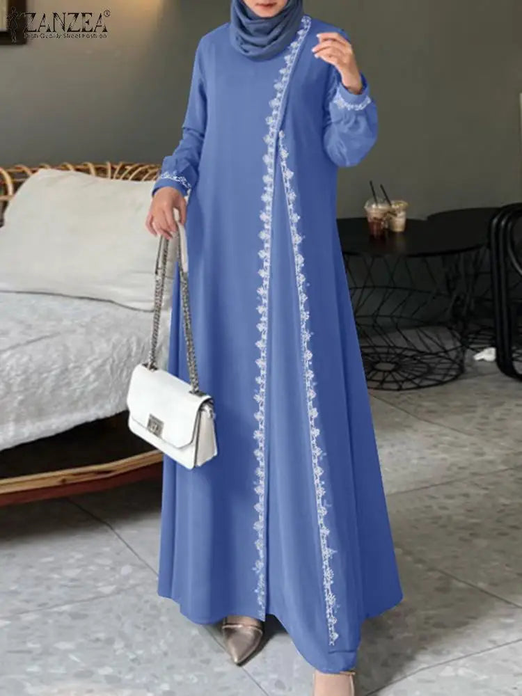 Muslim Fashion Dress Abaya ZANZEA Women Stylish Long Sleeve Lace Crochet Maxi Sundress Vestidos Robe Femme Islamic Clothing 2024