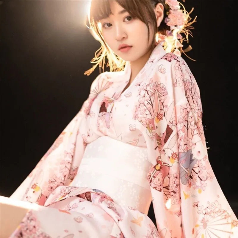 Women Yukata Kimono Formal Traditional Dress With White Obi Printed Bathrobes Dance Performance Photography Geisha Costume