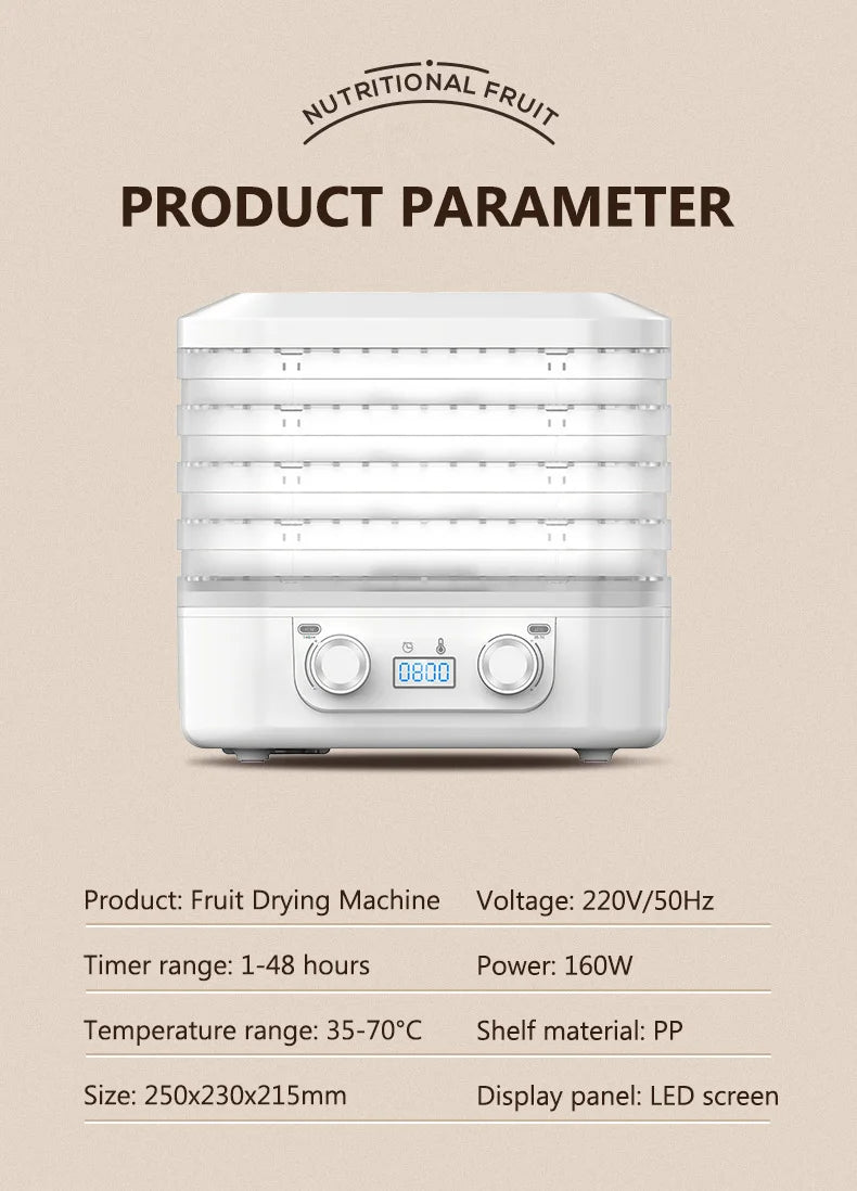 48Hours Long Lasting Thermostatic Fruit Drying Device 3/5 Layers Food Dehydrator Snack Herb Desiccator Temperature Adjustable
