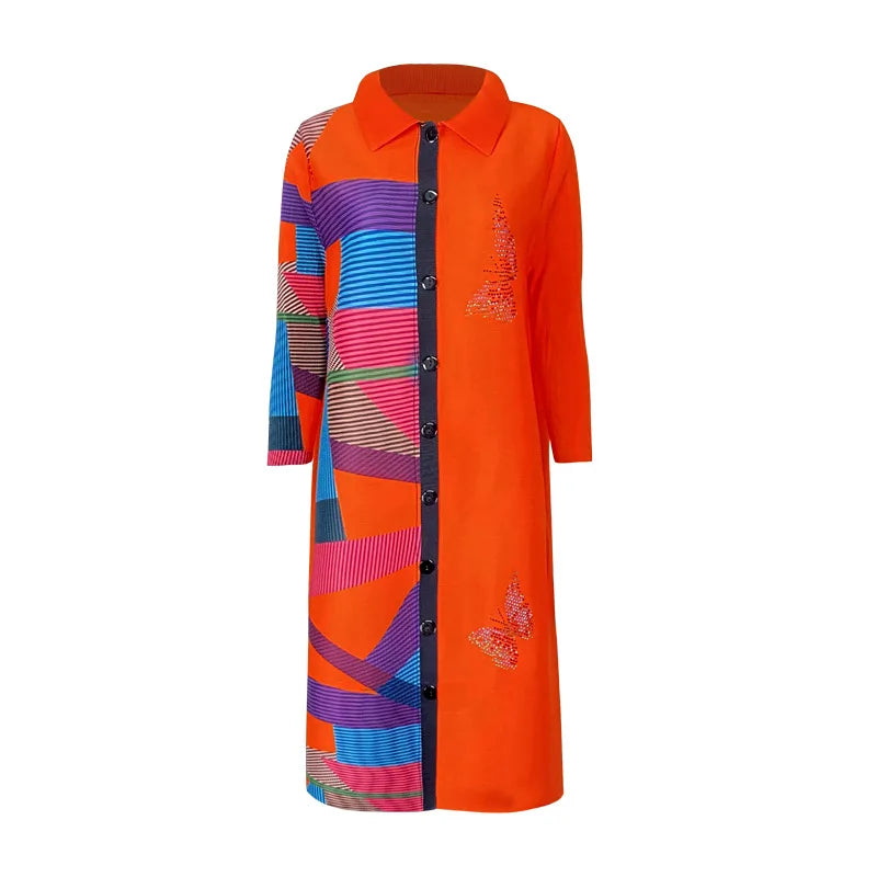 2024 Spring Spliced Colorful Pleated Dress Women's Polo Collar Single Breasted Long Sleeve Dress Women's Clothing