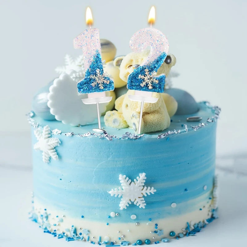 Frozen Birthday Candles 0-9 Number Glitter Blue Snowflake Cake Candle Kids Girls Birthday Party Cake Topper Decoration Supplies