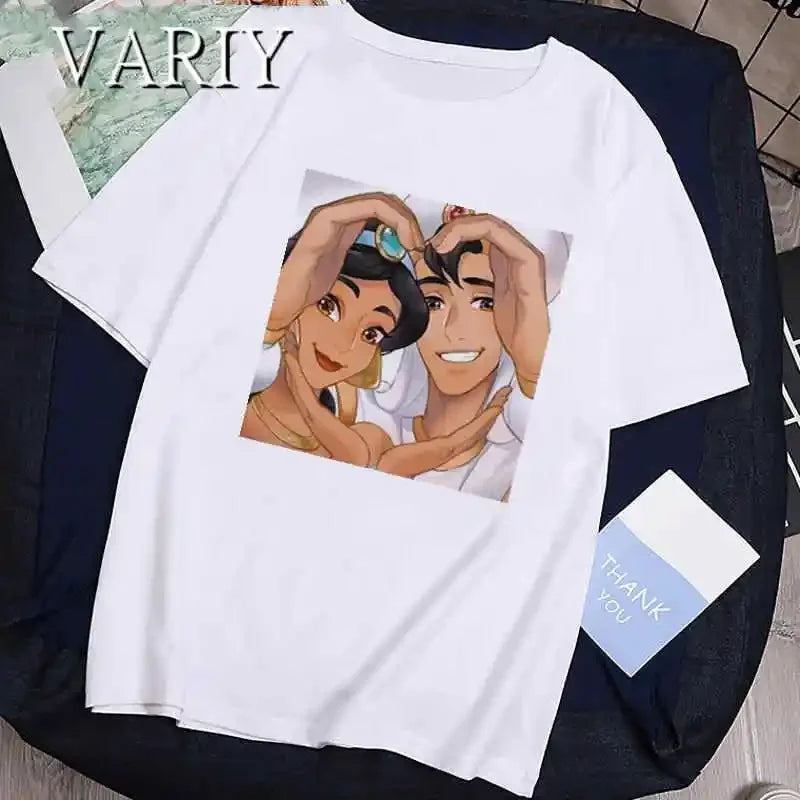 Frog Princess and Prince Lovers Print Tshirts Tiana Ariel Couple Series T-Shirt Women Summer Casual Short Sleeve Clothes Y2K Top