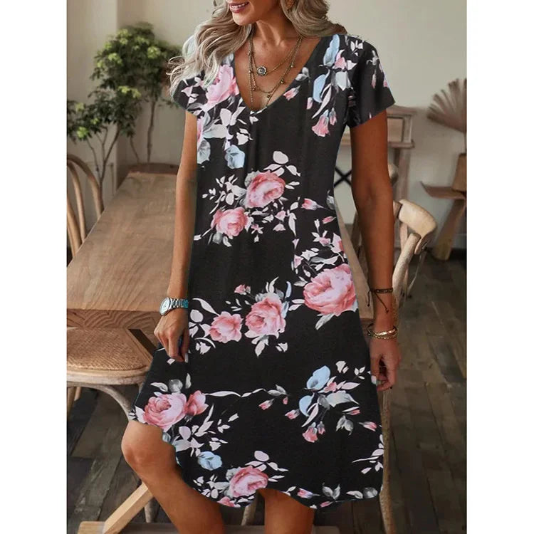 Summer Women's Casual V-neck Loose Print Short Sleeve Dress