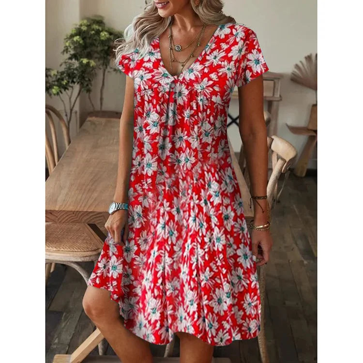 Summer Women's Casual V-neck Loose Print Short Sleeve Dress