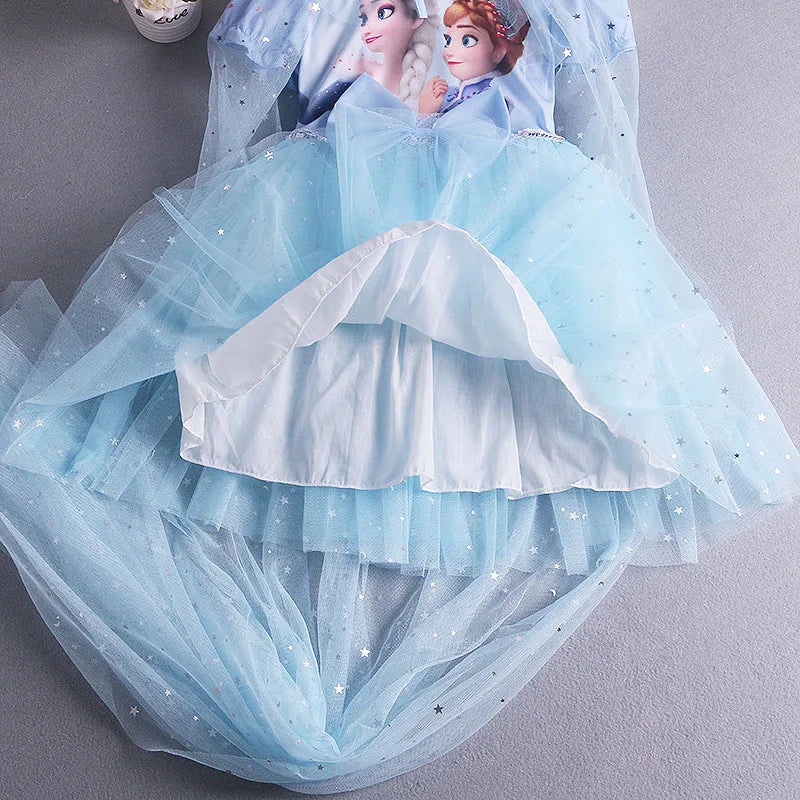 Disney Elsa Princess Dress with Cape Girls Dress Summer Kids Short Sleeve for Children's Western Style Frozen Party Costume 2-8Y