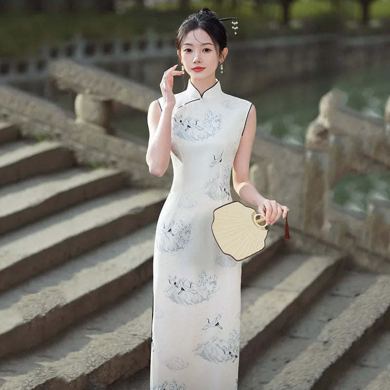 Sexy Qipao Print Flower Cheongsam New Chinese Style Dresses Women Improved Halter Cheongsams Sleeveless Satin Vestidos