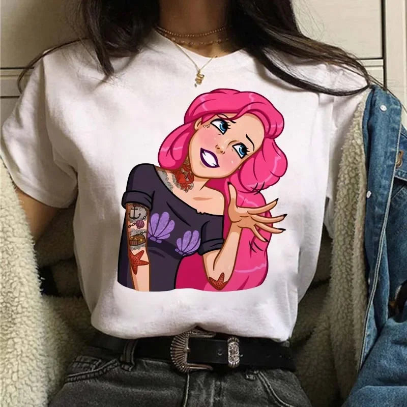 Punk Princess Printed Pattern Tee Mermaid Ariel Kawaii Girls T-Shirt Streetwear Womens Tops Cute Harajuku T-Shirt