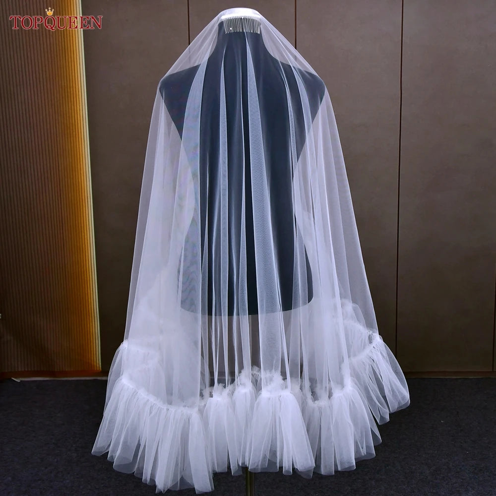 TOPQUEEN Short Romantic Wedding Veil 2 layers Bridal Veils Cover Face Tactical Halloween Integrated Bonnet Veil Fingertip V183