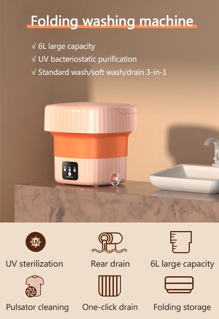 6L Folding Clothes Washing Machine Electric Barrel Laundry Washer Sock Baby Clothes Cleaner For Underwear With Dryer Bucket