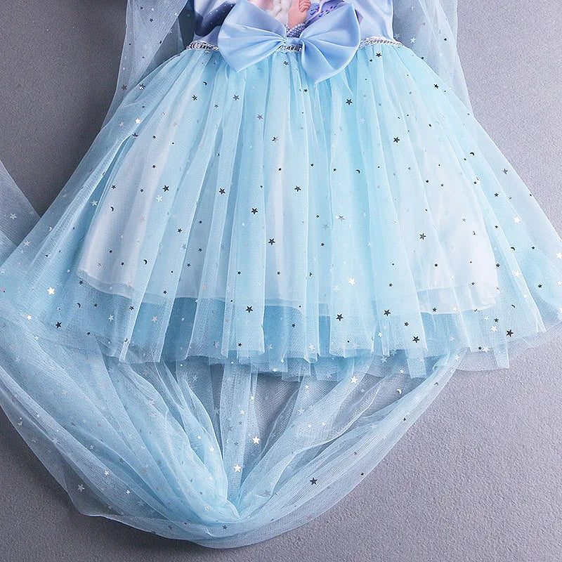 Disney Elsa Princess Dress with Cape Girls Dress Summer Kids Short Sleeve for Children's Western Style Frozen Party Costume 2-8Y