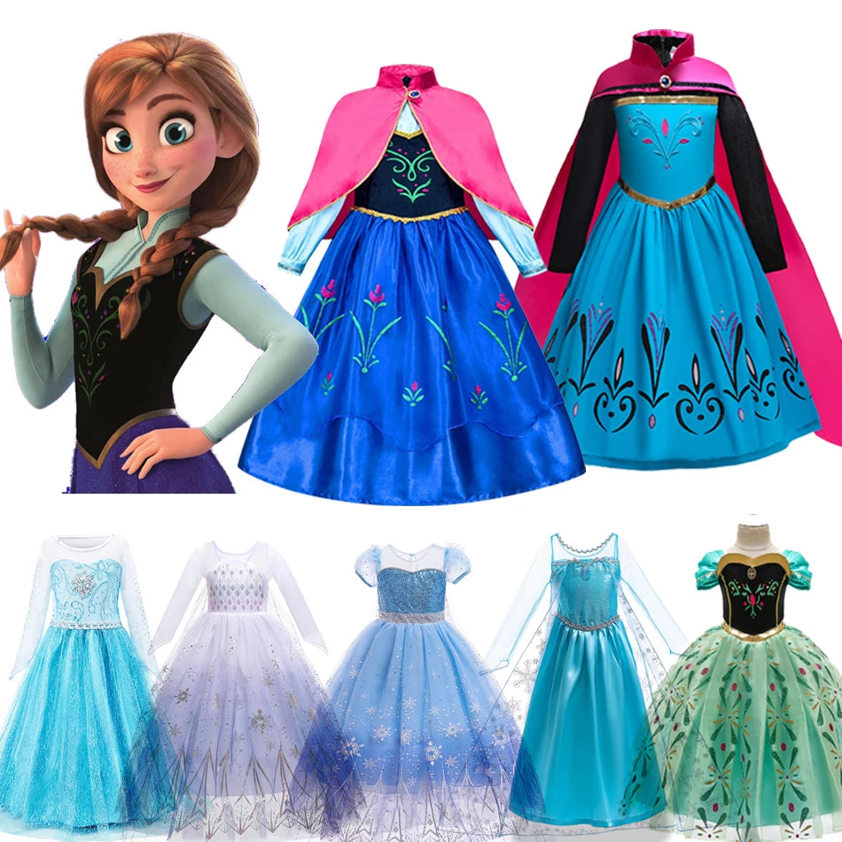 Disney Frozen Anna Elsa Cosplay Costumes for Girls Princess Snow Queen Long Dresses Halloween Party Carnival Clothes Vestido