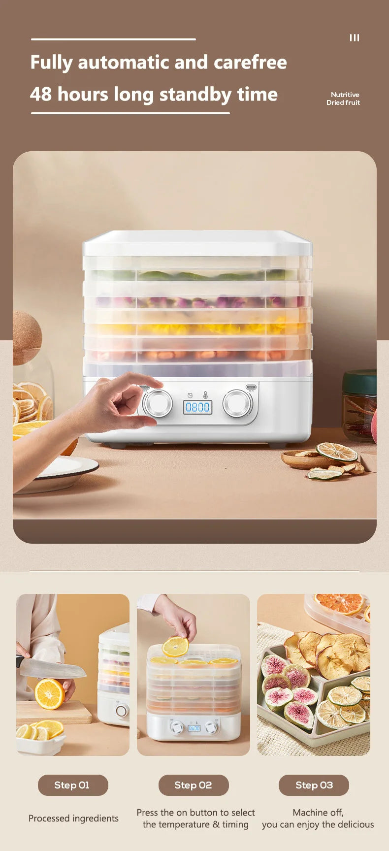 48Hours Long Lasting Thermostatic Fruit Drying Device 3/5 Layers Food Dehydrator Snack Herb Desiccator Temperature Adjustable