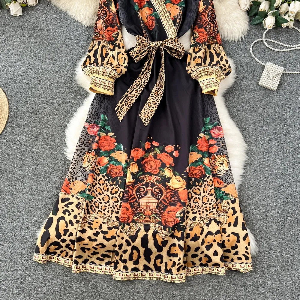 Retro Print Elegant Lace Up Dress A-line Long  Sleeve V Neck Vacation Party Dress Women Autumn Spring Vestidos