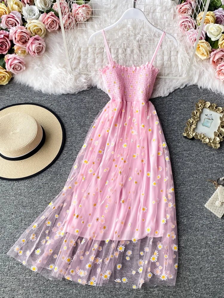 JMPRS Summer Beach Mesh Floral Dress Women Vintage Elegant Sexy Beach Sundress Woman Party Night Korean Kawaii Vestidos
