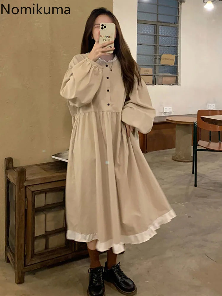 Nomikuma Autumn New Korean Style Dress Women Ruffles Patchwork O Neck Long Sleeve Dresses Slim Waist Elegant Vestidos Mujer