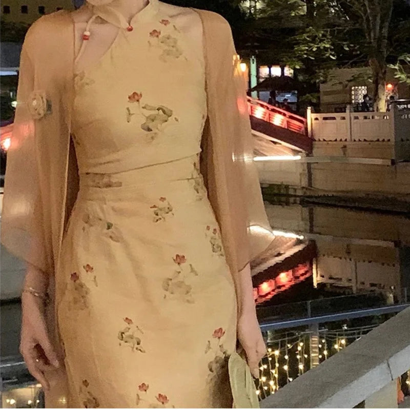 Spring Summer Print Flower Mandarin Collar Cheongsam New Chinses Style Retro Women Qipao Sexy Slim Split Chinese Dress Vestidos