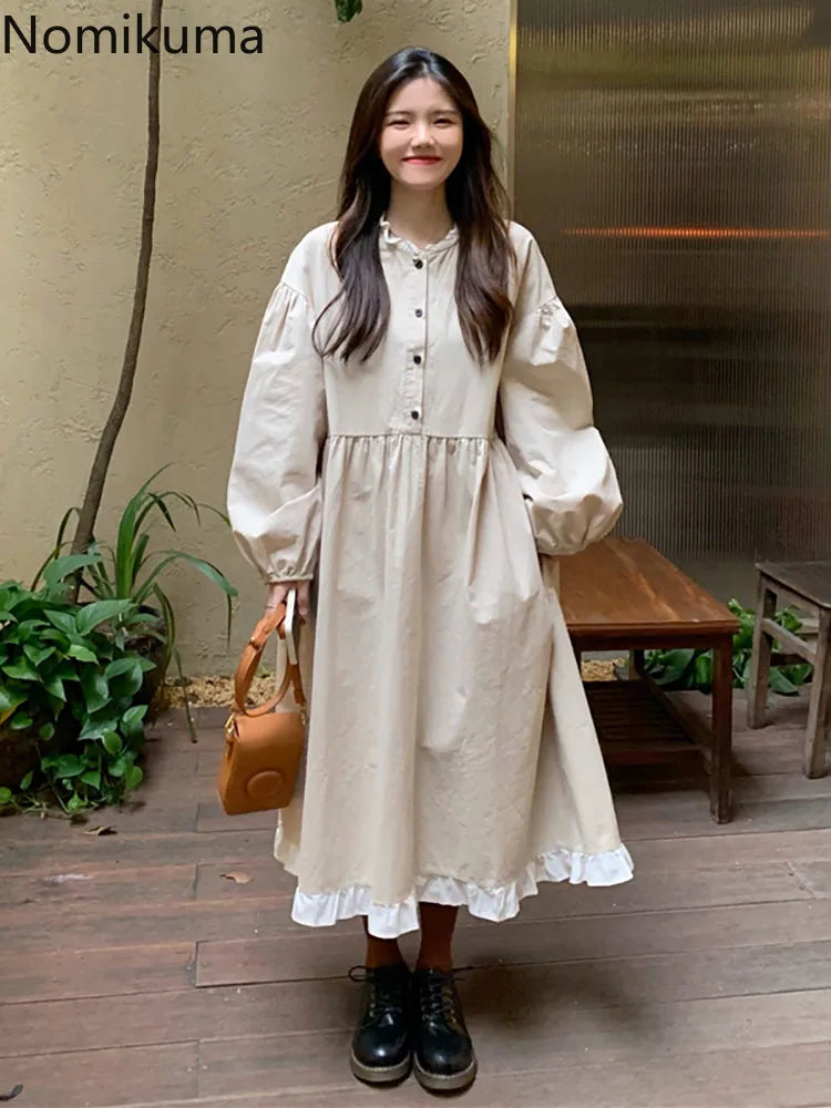 Nomikuma Autumn New Korean Style Dress Women Ruffles Patchwork O Neck Long Sleeve Dresses Slim Waist Elegant Vestidos Mujer
