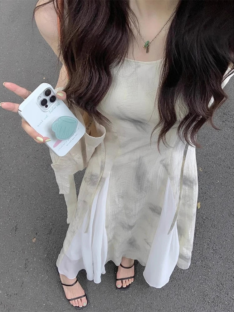 Vintage Women Camisole Dress Printing Streetwear Literary Summer A-line Vestidos Temper Artistic Chinese Style Chic Ulzzang new
