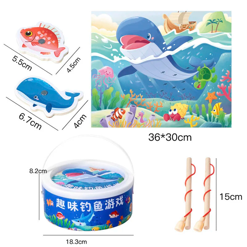 Montessori Wooden Magnetic Fishing Toys For Kids Cartoon Marine Life Cognition Fish Games Education Parent-Child Interactive Toy