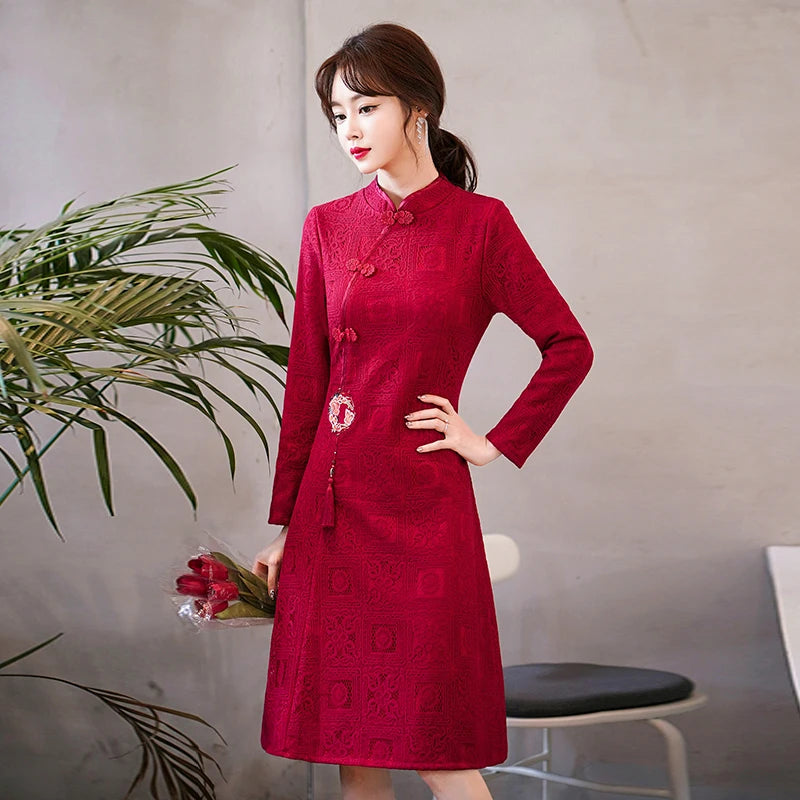 2022 Chinese Traditional Qipao Dress Women Clothing New Style Stand Collar Vintage Long Sleeve Cheongsam