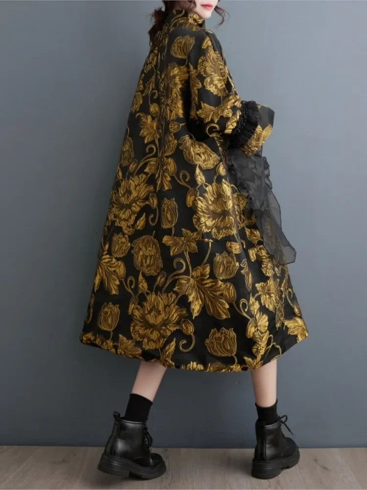 Oversized Autumn Winter Midi Dress Women Patchwork Fashion Chinese Style Flower Ladies Dresses Pleated Loose Woman Dress 2024